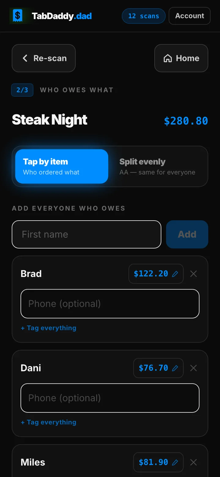 The assign screen: three people with live running totals per person