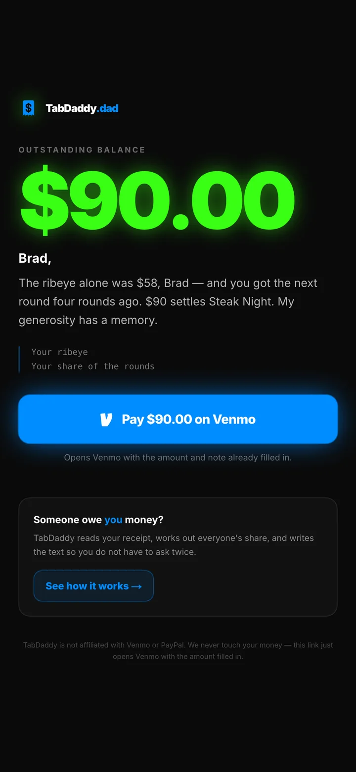 The payment page a friend receives: the amount they owe, the roast, and a pay button that opens Venmo pre-filled