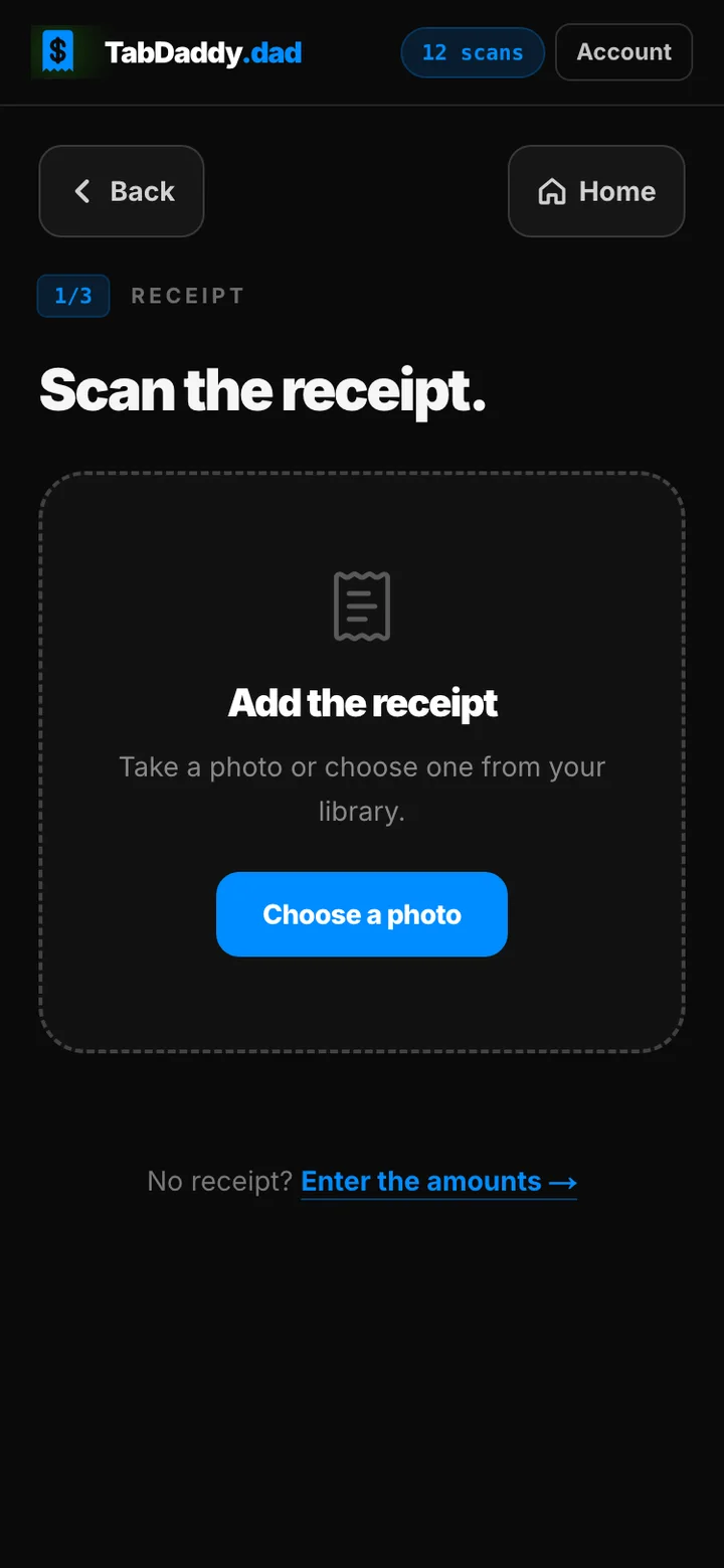 The scan screen: add the receipt by camera, library, or paste