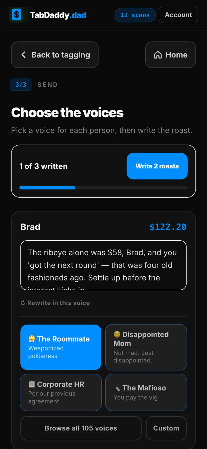 The send screen: an AI-written roast in an editable box above the voice picker